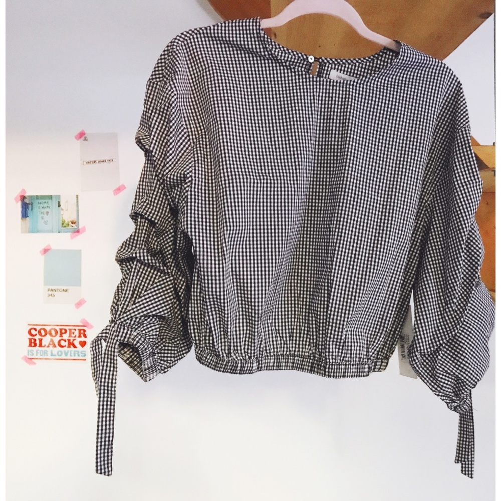Bishop + Young Cropped Ruched Sleeve Gingham Top